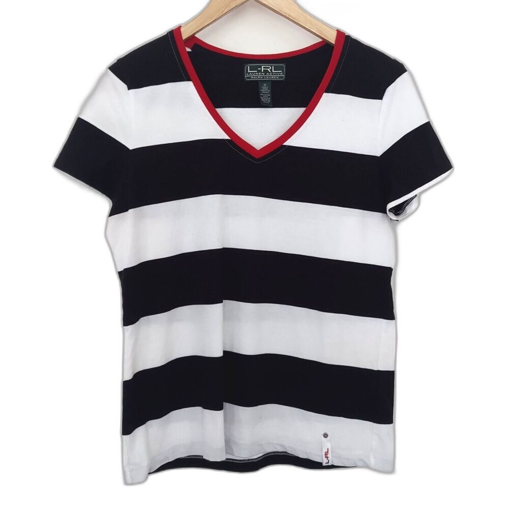 LRL Ralph Lauren Active T-Shirt Size M Black White Stripe Cotton Tee